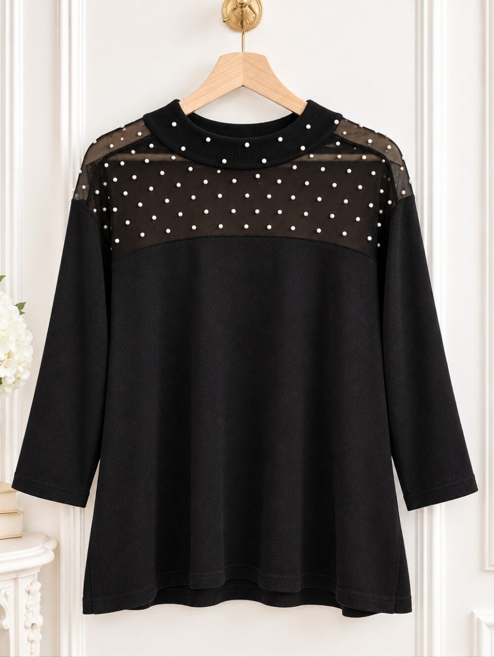 Siren Lily Black Pearl Embellished Sheer Yoke Knit Blouse | Plus Size 3X - Picture 5 of 9